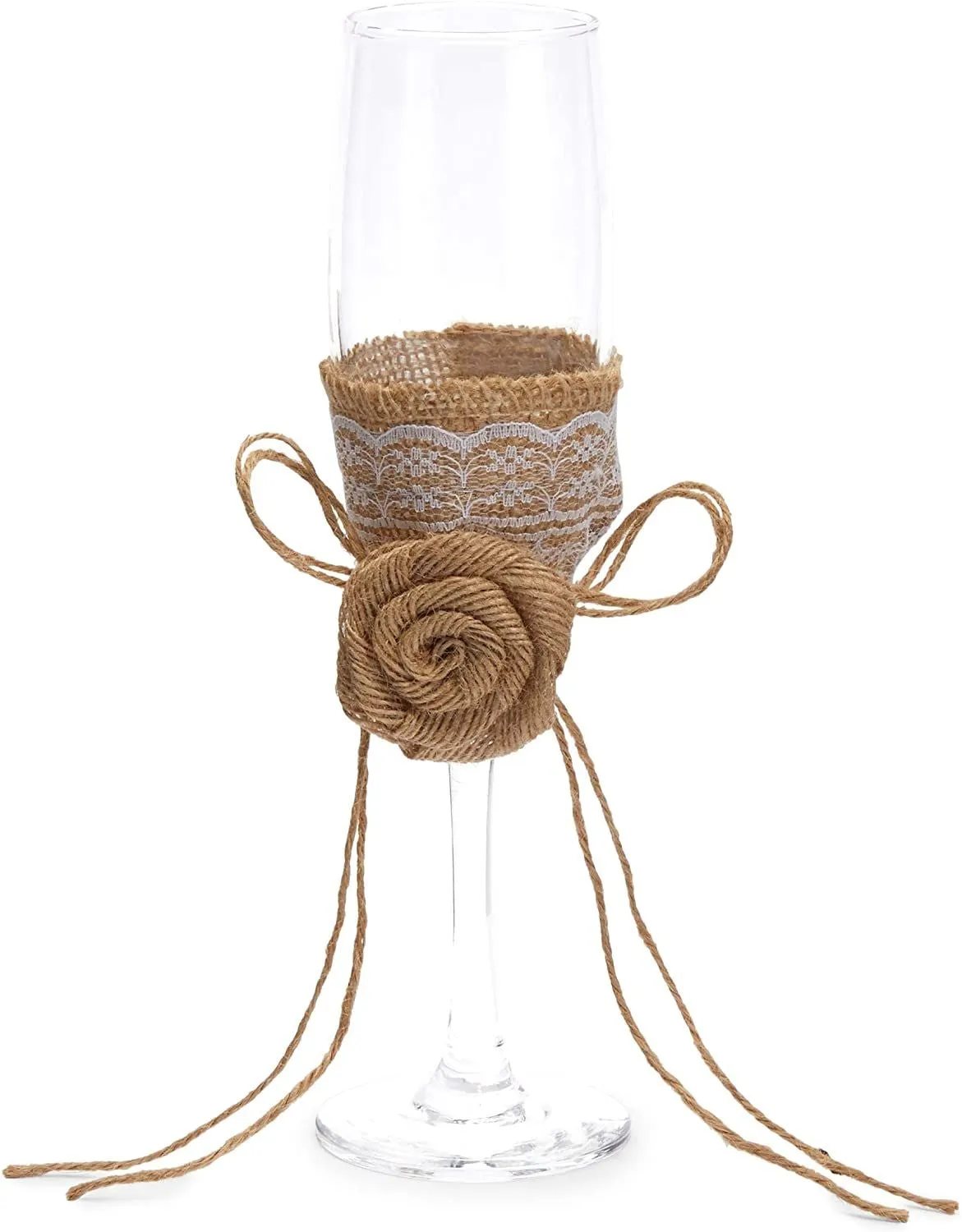 2 Pack Wedding Champagne Glass Flutes with Jute Flower Cup Cover for Bride and Groom Party Supplies Decorations