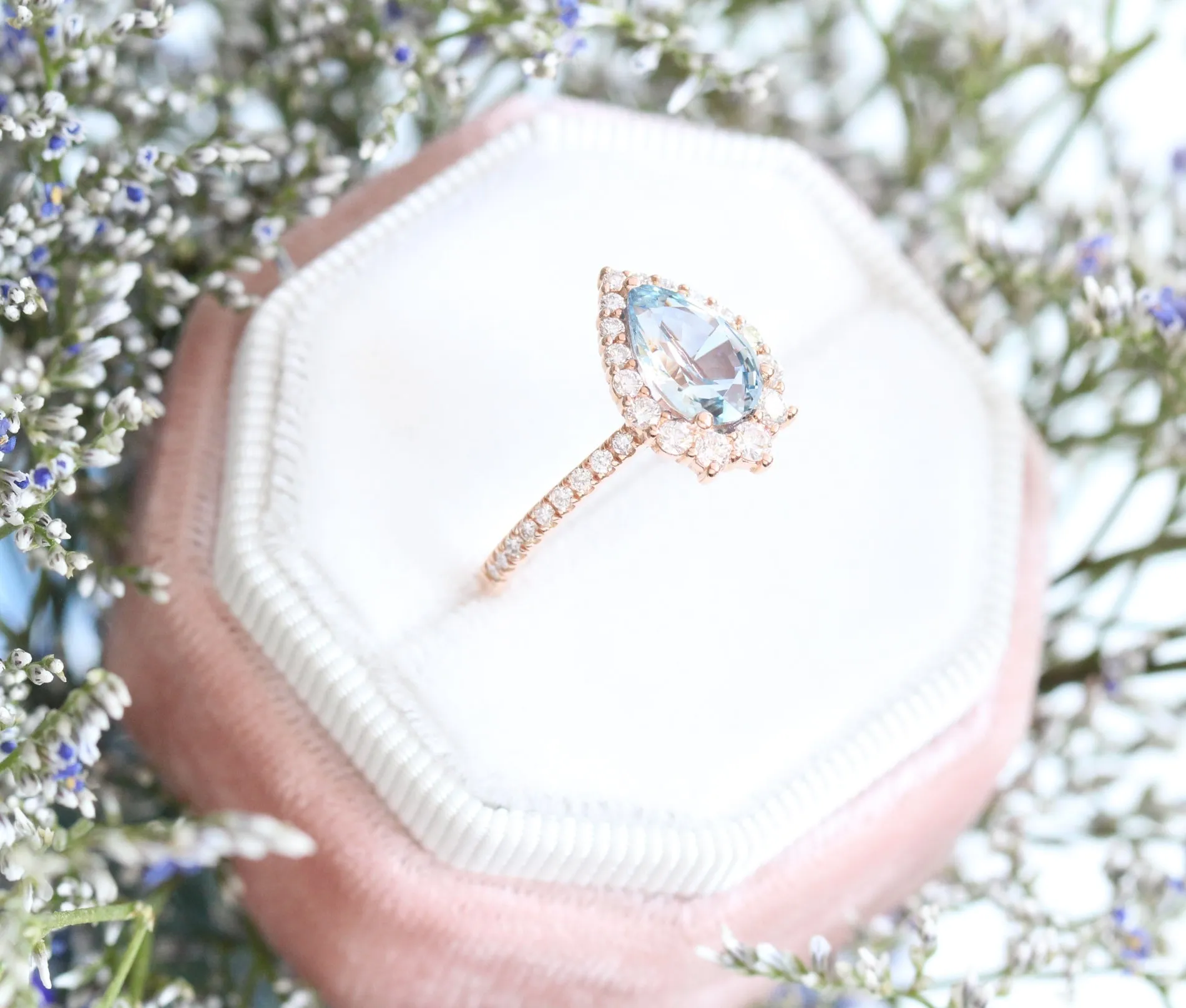 2.42 Ct Rare Aqua Blue Sapphire Ring in 14k Rose Gold Halo Diamond Pave Band, Size 6.25