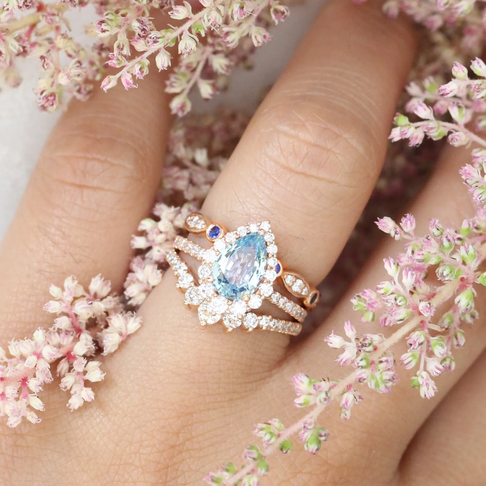 2.42 Ct Rare Aqua Blue Sapphire Ring in 14k Rose Gold Halo Diamond Pave Band, Size 6.25