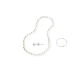 24K White Gold 2 ct Pearl Round 18 Inch Necklace, Bracelet and Earrings Set Plated