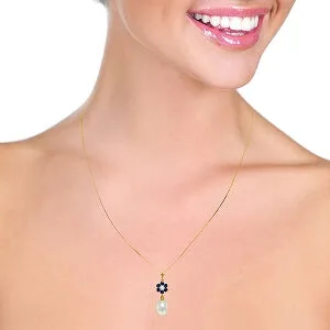 4.53 Carat 14K Solid Yellow Gold Necklace Natural Pearl, Sapphire Diamond