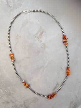 4mm Navajo Pearls & Orange Spiny Oyster Chip Necklace Sterling Silver