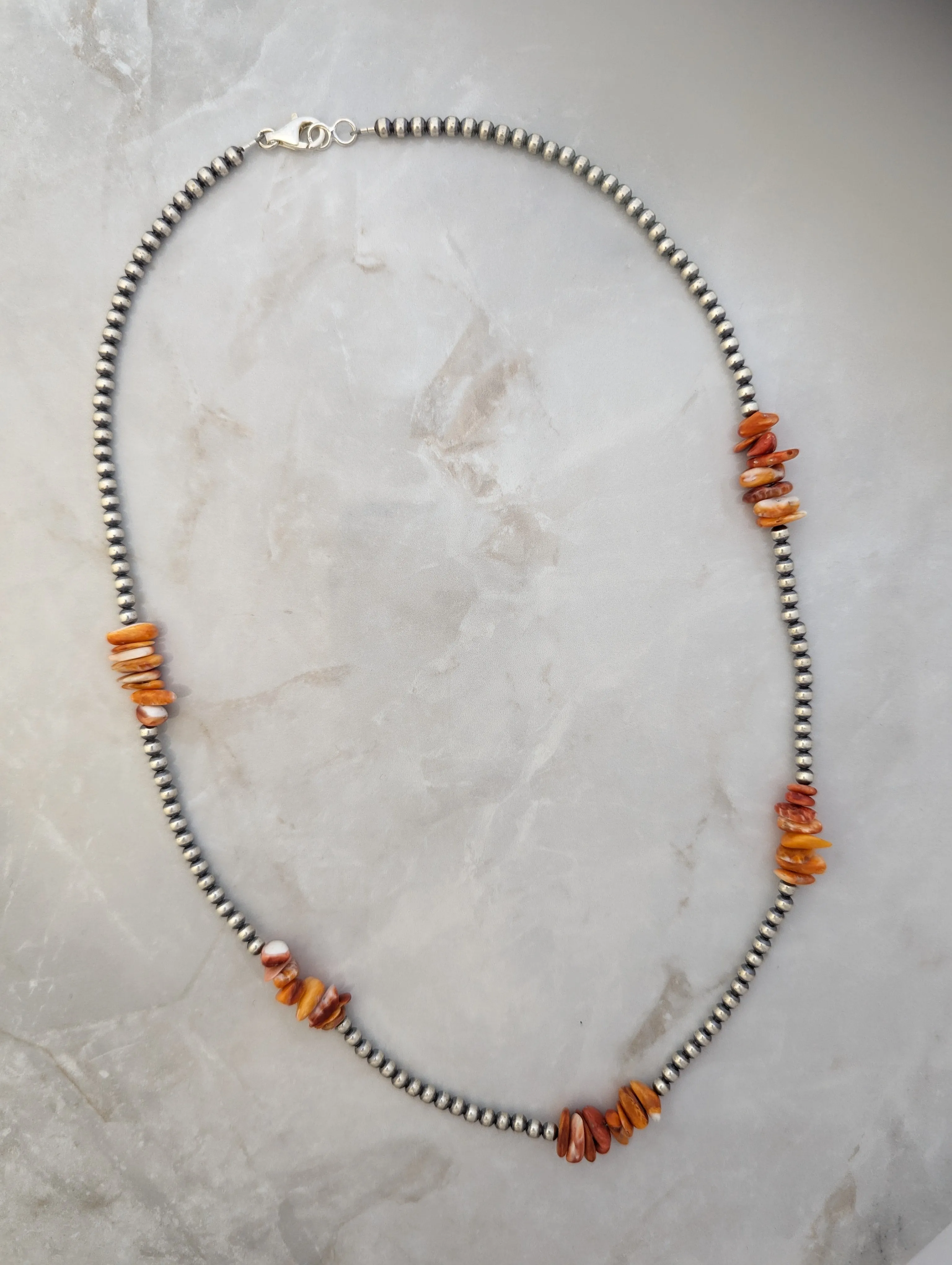 4mm Navajo Pearls & Orange Spiny Oyster Chip Necklace Sterling Silver