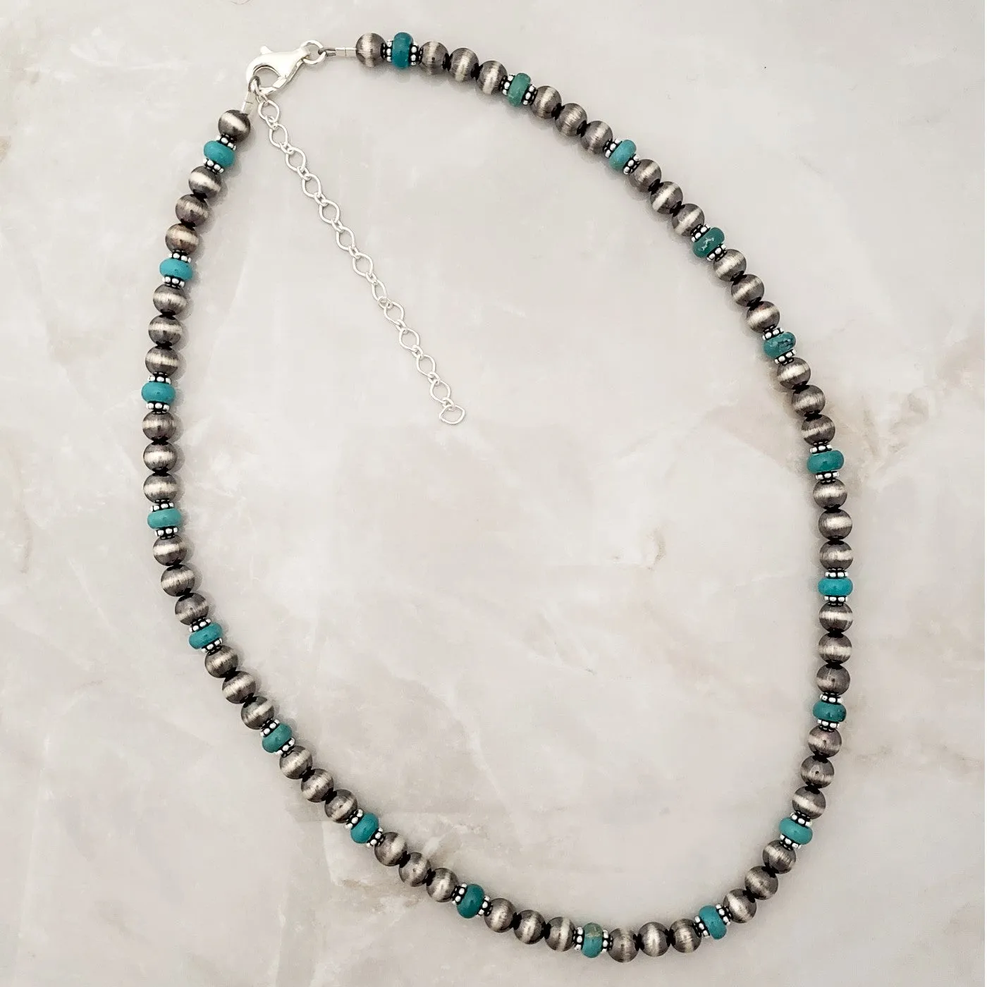 6mm Navajo Pearls & Green Turquoise Necklace Sterling Silver