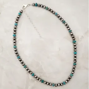 6mm Navajo Pearls & Green Turquoise Necklace Sterling Silver