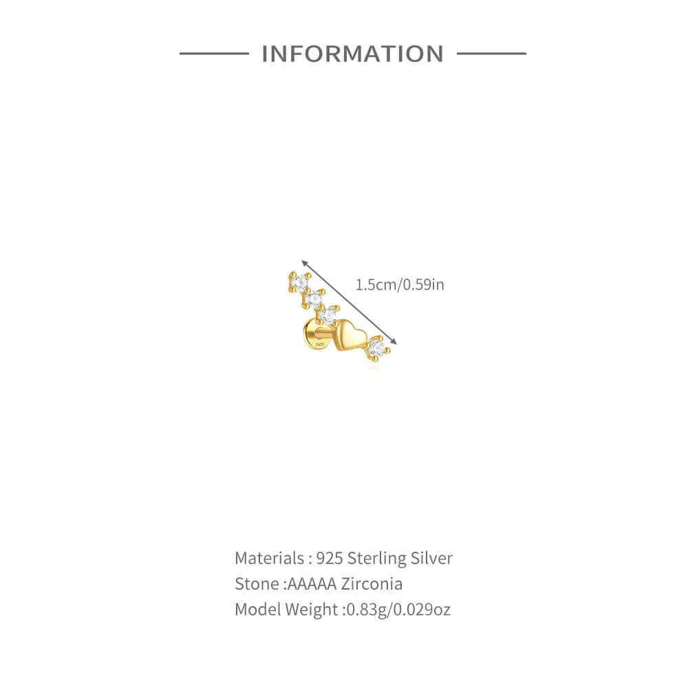 925 Silver Heart CZ Diamond Line Flat Back Earrings
