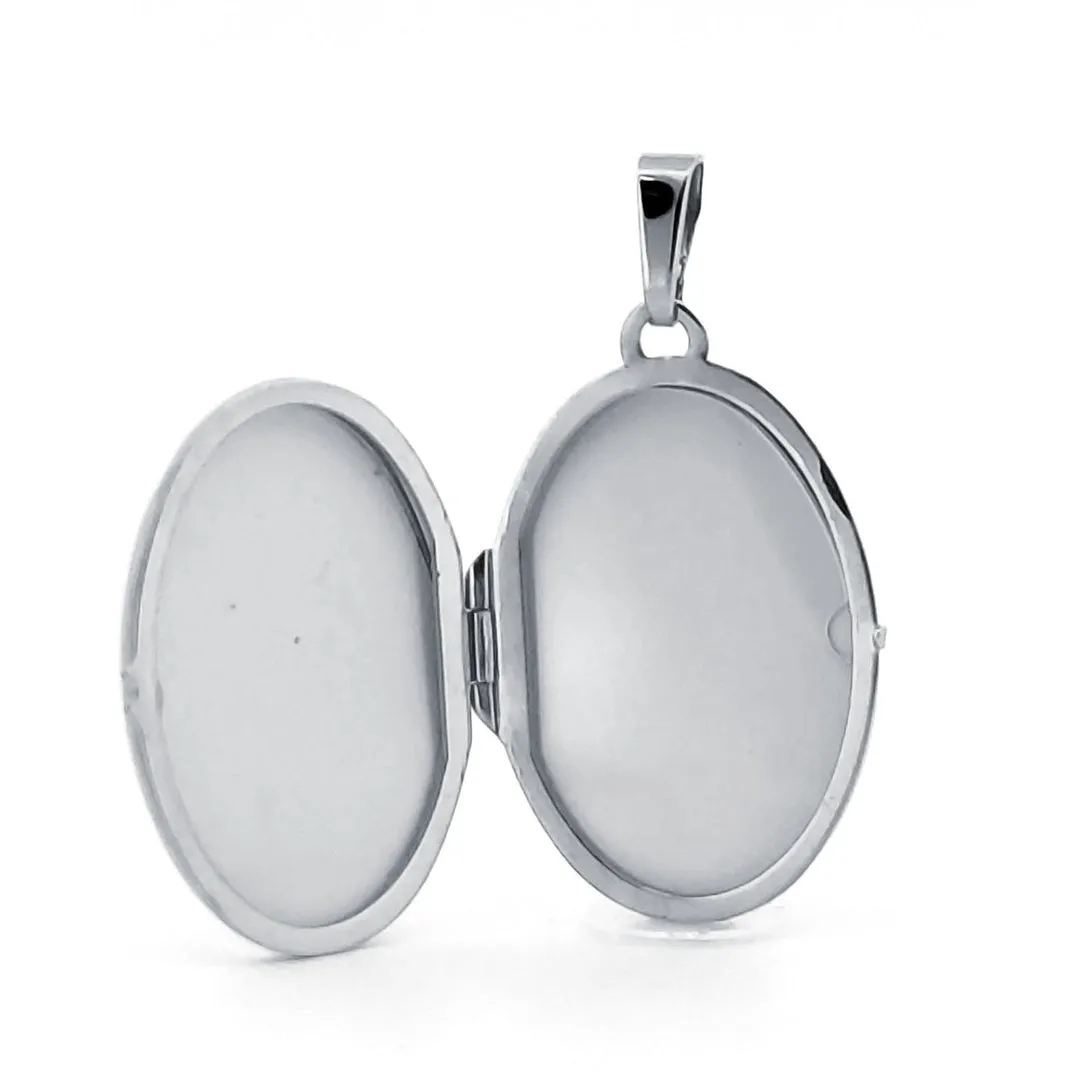 9ct White Gold 2 Picture Oval Matt Bean Locket Pendant Necklace