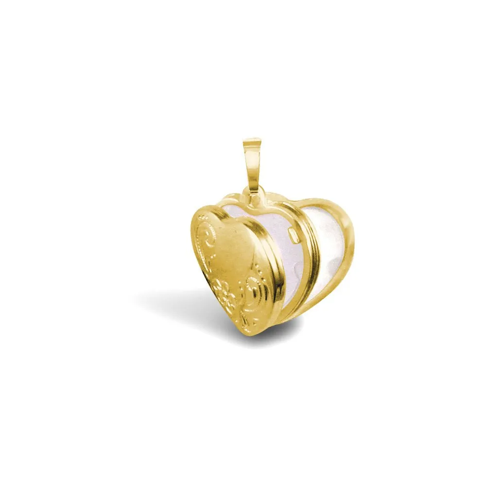 9ct Yellow Gold 4 Picture Love Heart Engraved Locket Pendant Necklace