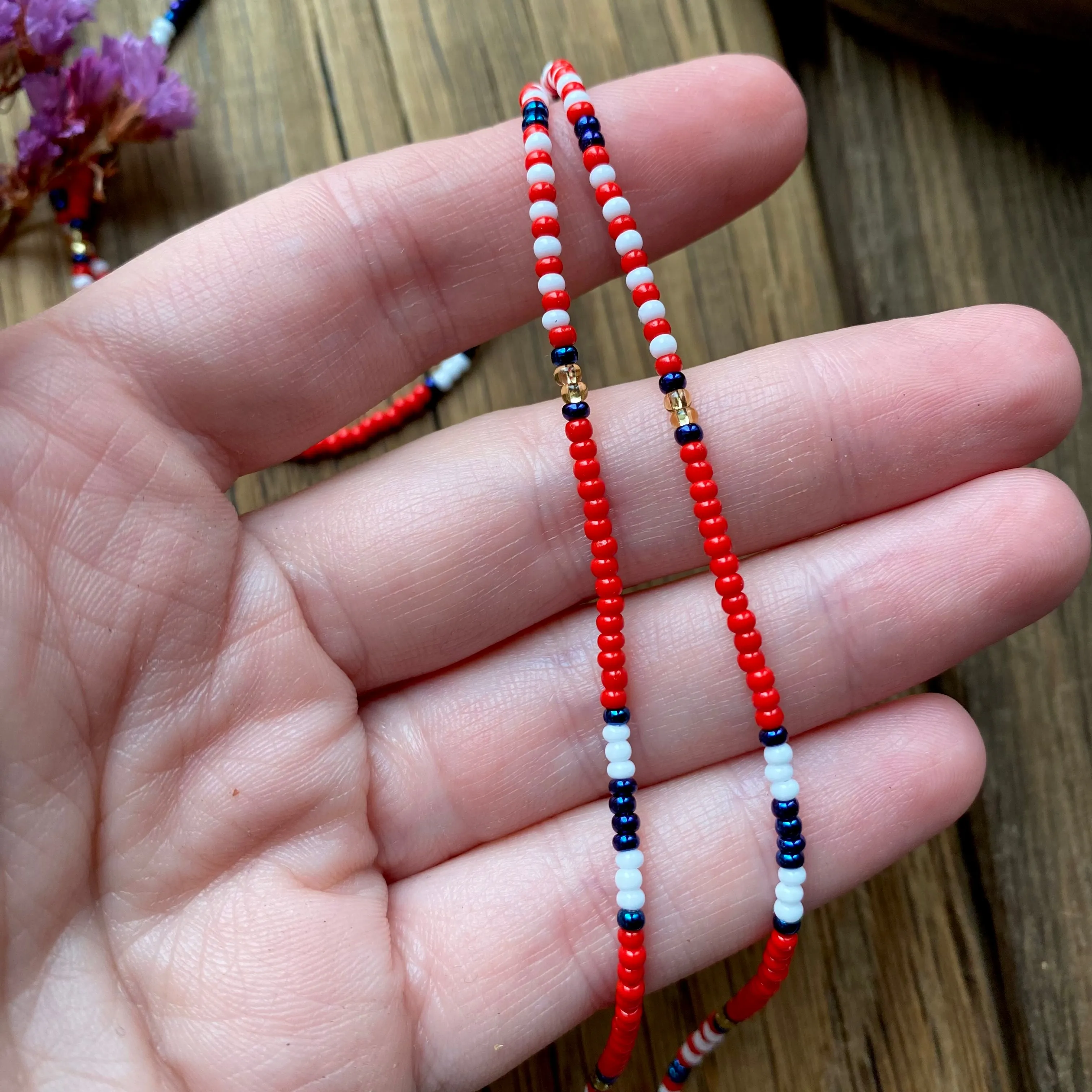 American Flag Glasses Chain, Red Blue White Seed Bead Eyeglass chain, Teacher Lanyard, Sunglasses strap, Patriotic lanyard, American jewelry