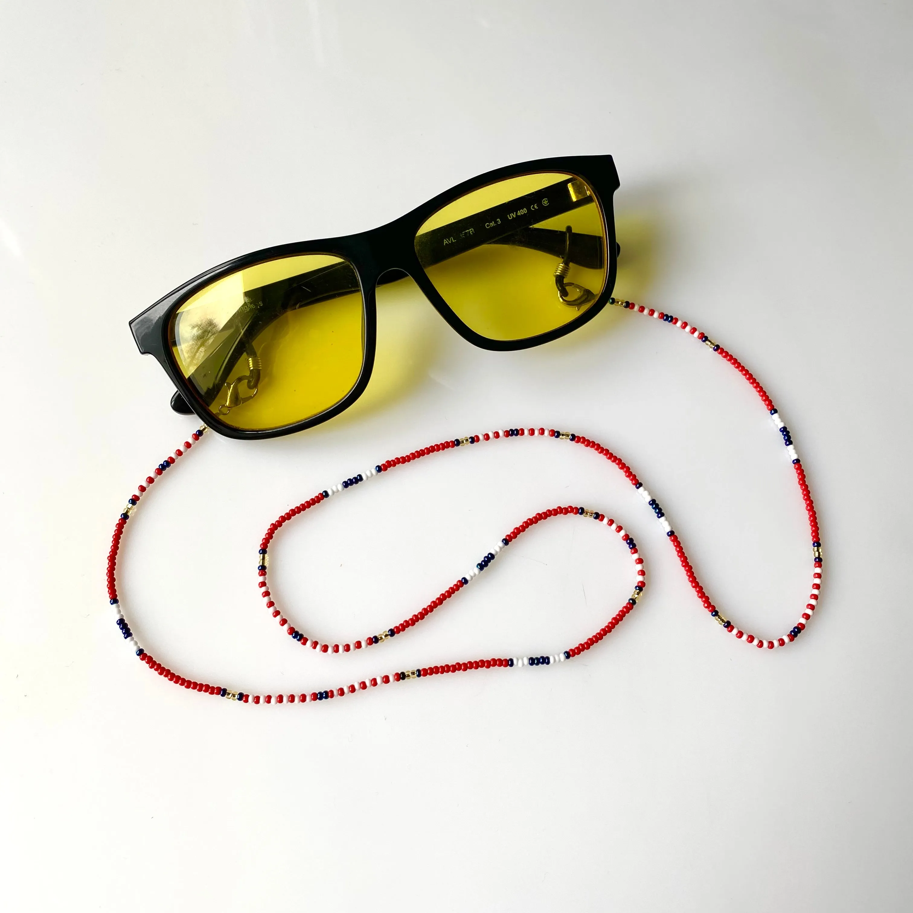 American Flag Glasses Chain, Red Blue White Seed Bead Eyeglass chain, Teacher Lanyard, Sunglasses strap, Patriotic lanyard, American jewelry