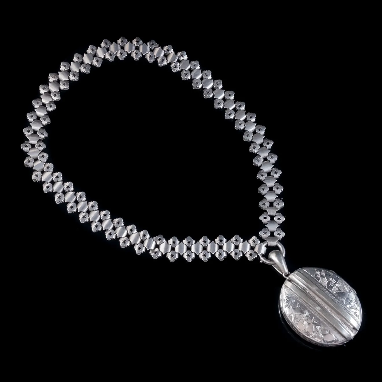 Antique Victorian Locket Collar Necklace Silver Circa 1890