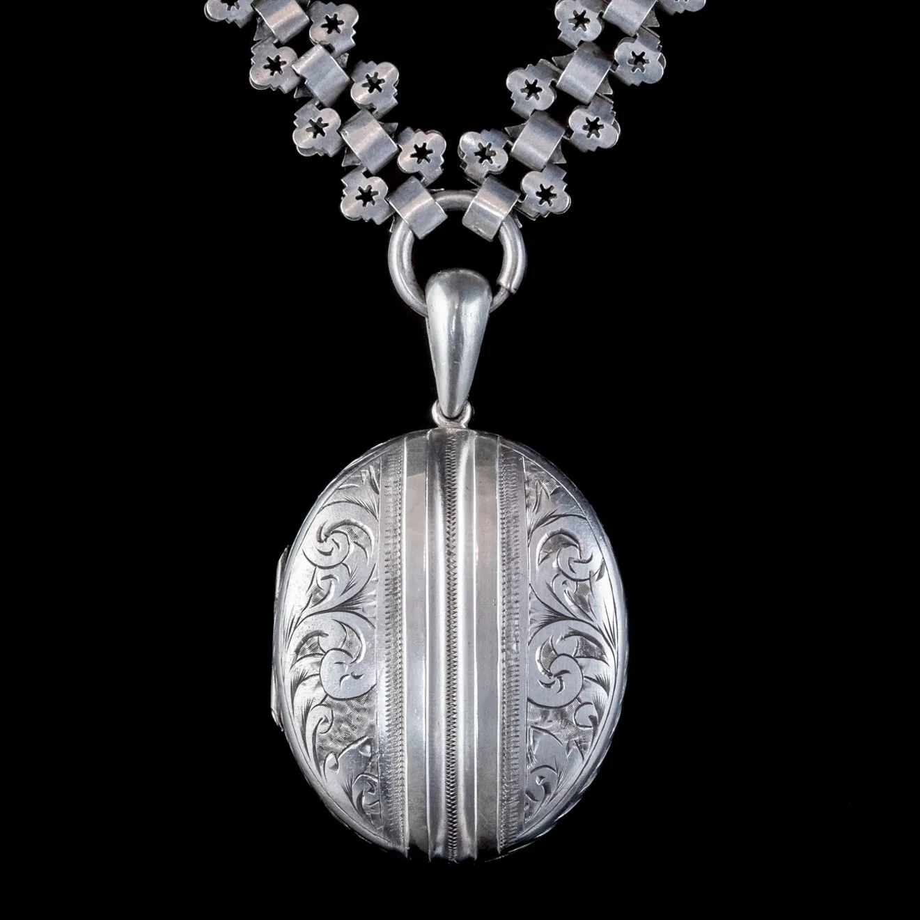 Antique Victorian Locket Collar Necklace Silver Circa 1890