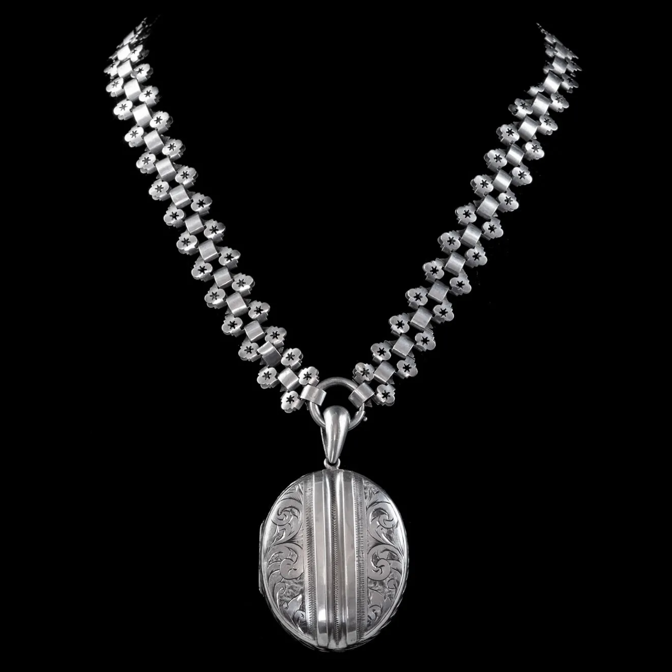 Antique Victorian Locket Collar Necklace Silver Circa 1890