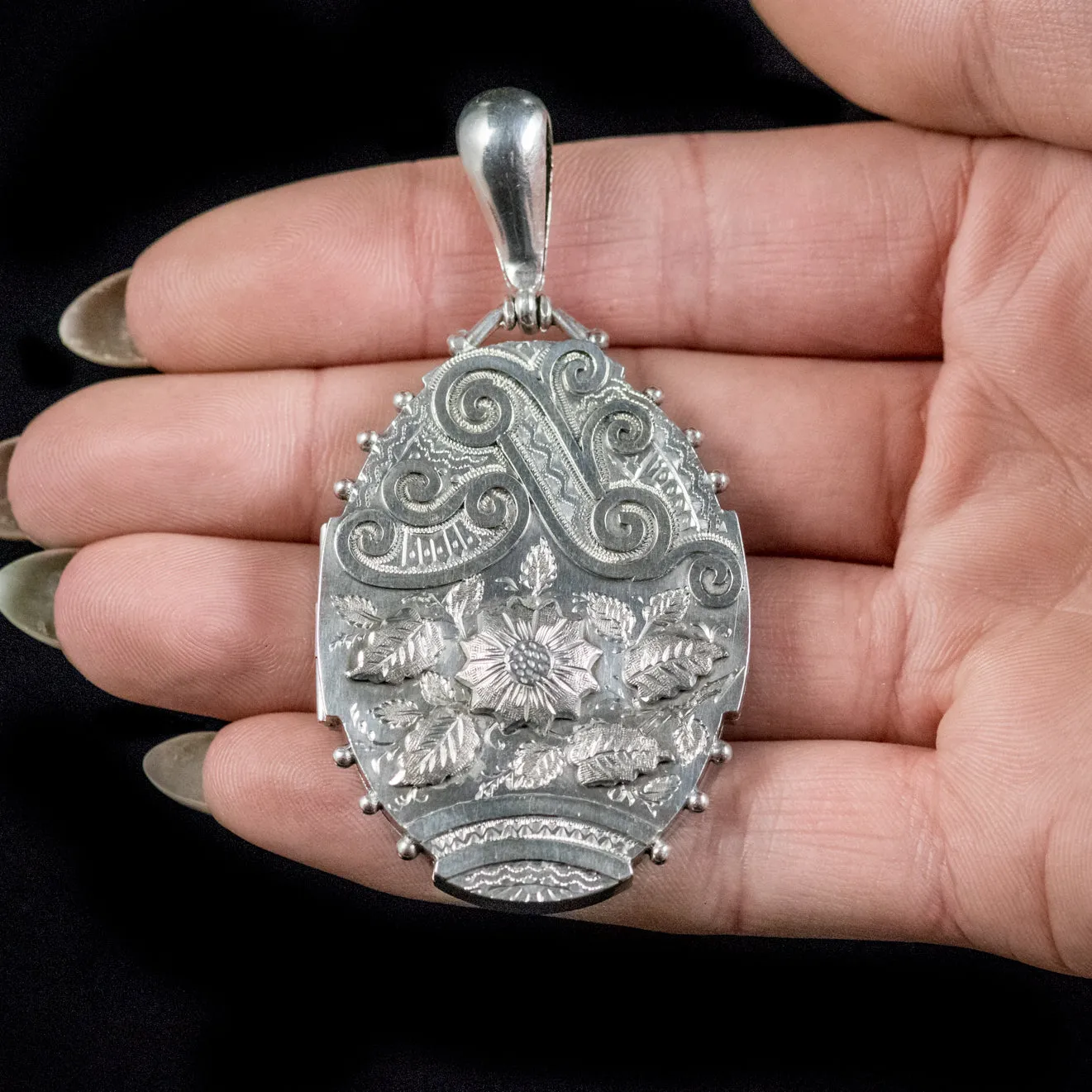 Antique Victorian Sterling Silver Floral Locket Circa 1900