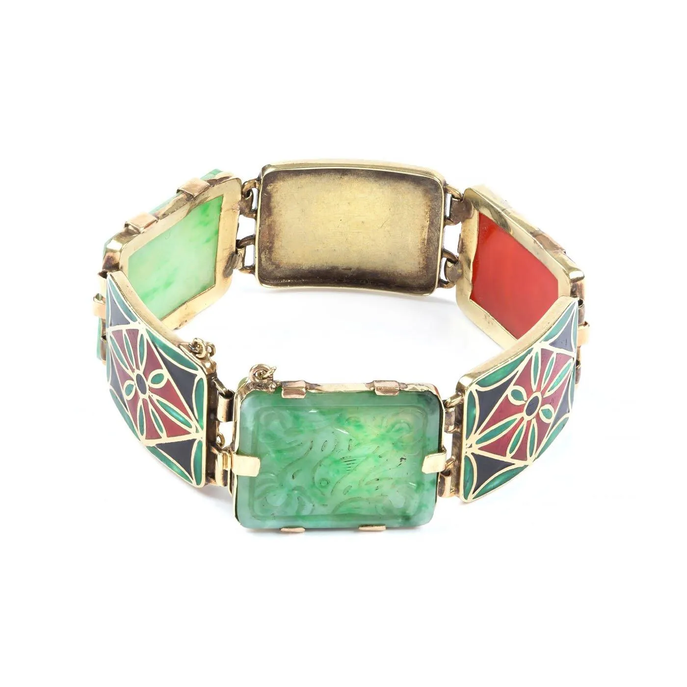 Art Deco, 14K Yellow Gold, Jade, Carnelian Tablets & Cloisonné Enamel Bracelet, Circa 1930s