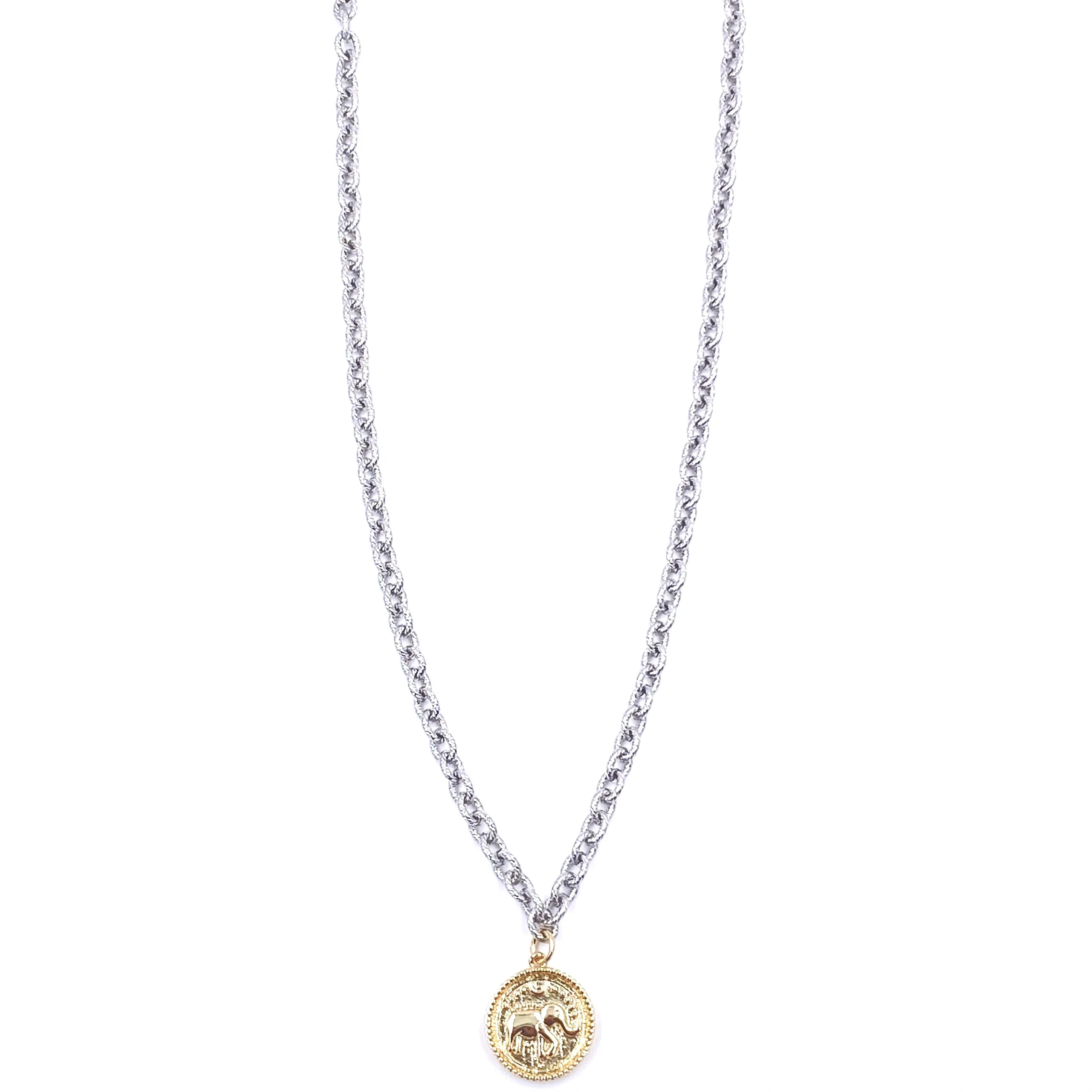 Ashley Gold Stainless Steel Diamond Cut Chain And Elephant Coin Pendant Necklace