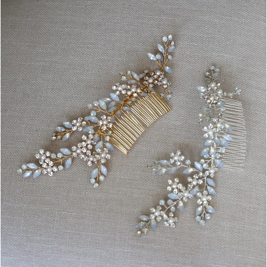 Baby Blue Trailing Pearl Rhinestone  Bridal Hair Comb