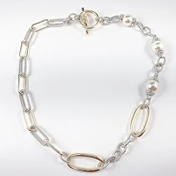 Beautiful Multi Link Design Pearl Two Tone Brass Necklace