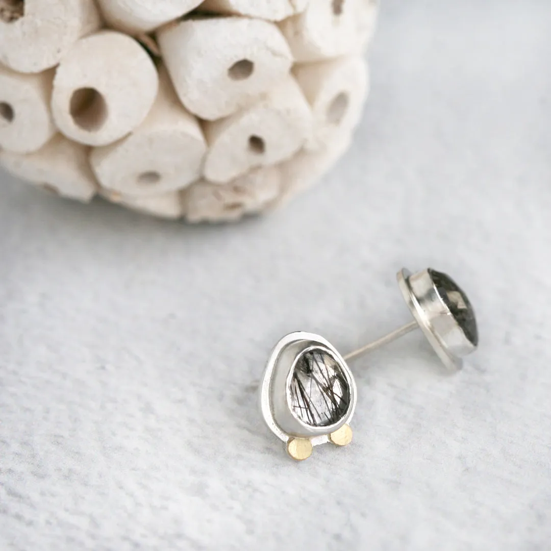 Black Tourmalinated Quartz Post Earrings in Sterling Silver and 18k Gold - ROSIE #3