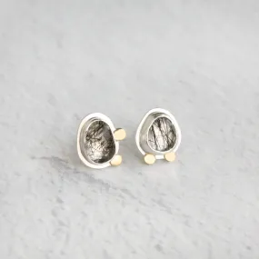 Black Tourmalinated Quartz Post Earrings in Sterling Silver and 18k Gold - ROSIE #3