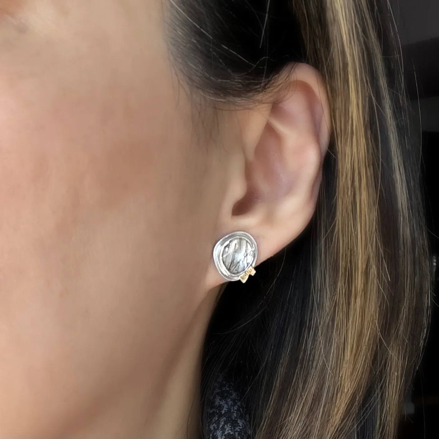 Black Tourmalinated Quartz Post Earrings in Sterling Silver and 18k Gold - ROSIE #3