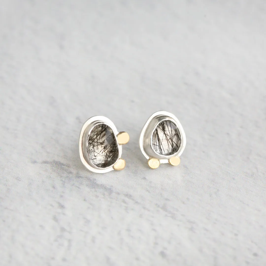 Black Tourmalinated Quartz Post Earrings in Sterling Silver and 18k Gold - ROSIE #3