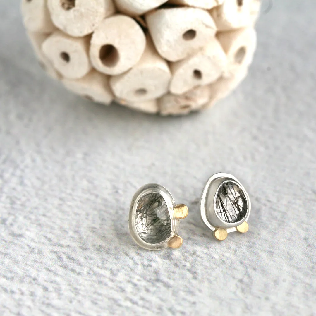 Black Tourmalinated Quartz Post Earrings in Sterling Silver and 18k Gold - ROSIE #3