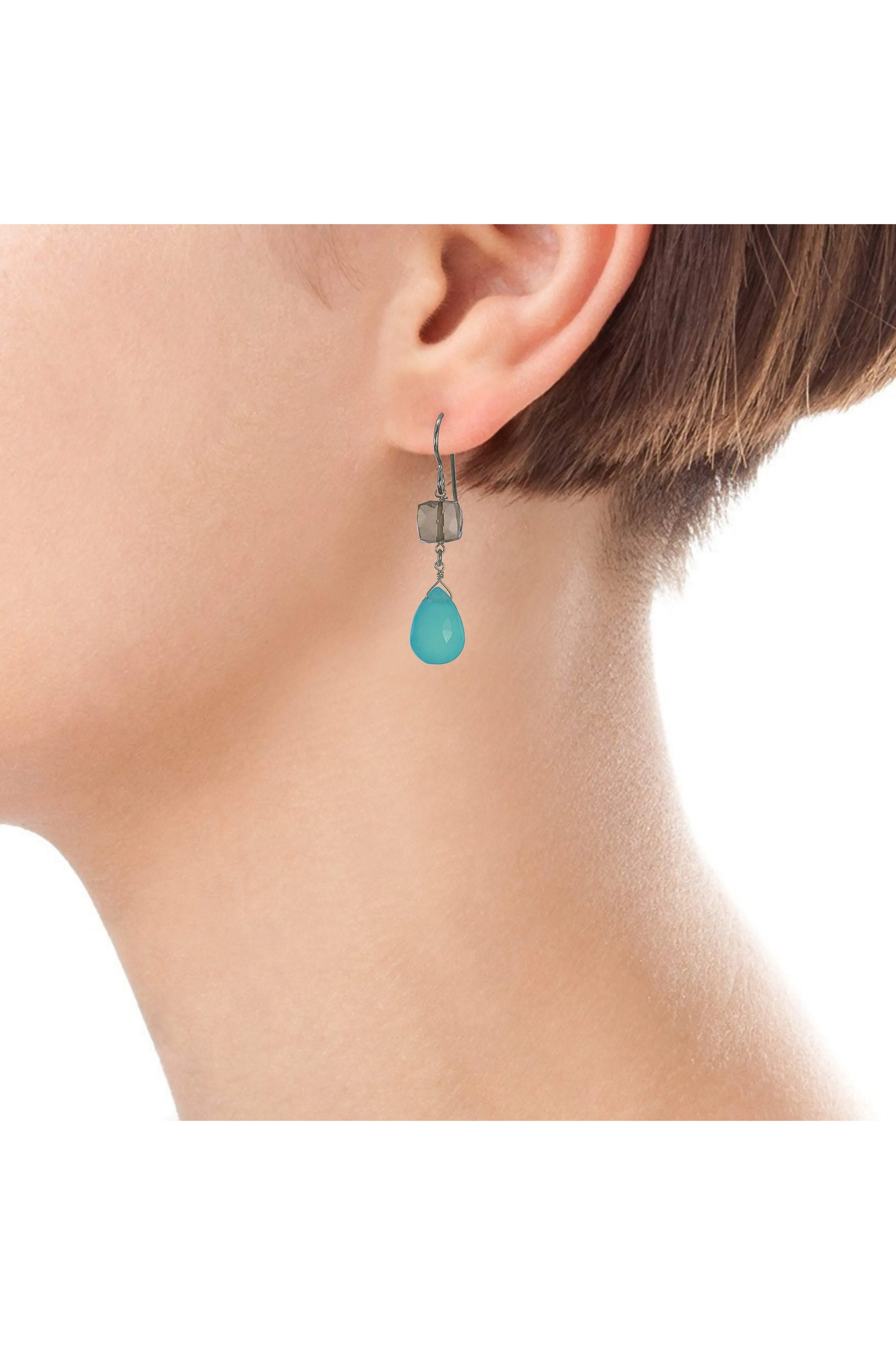 Blue Gemstones Chalcedony, Brown Smokey Quartz Earrings