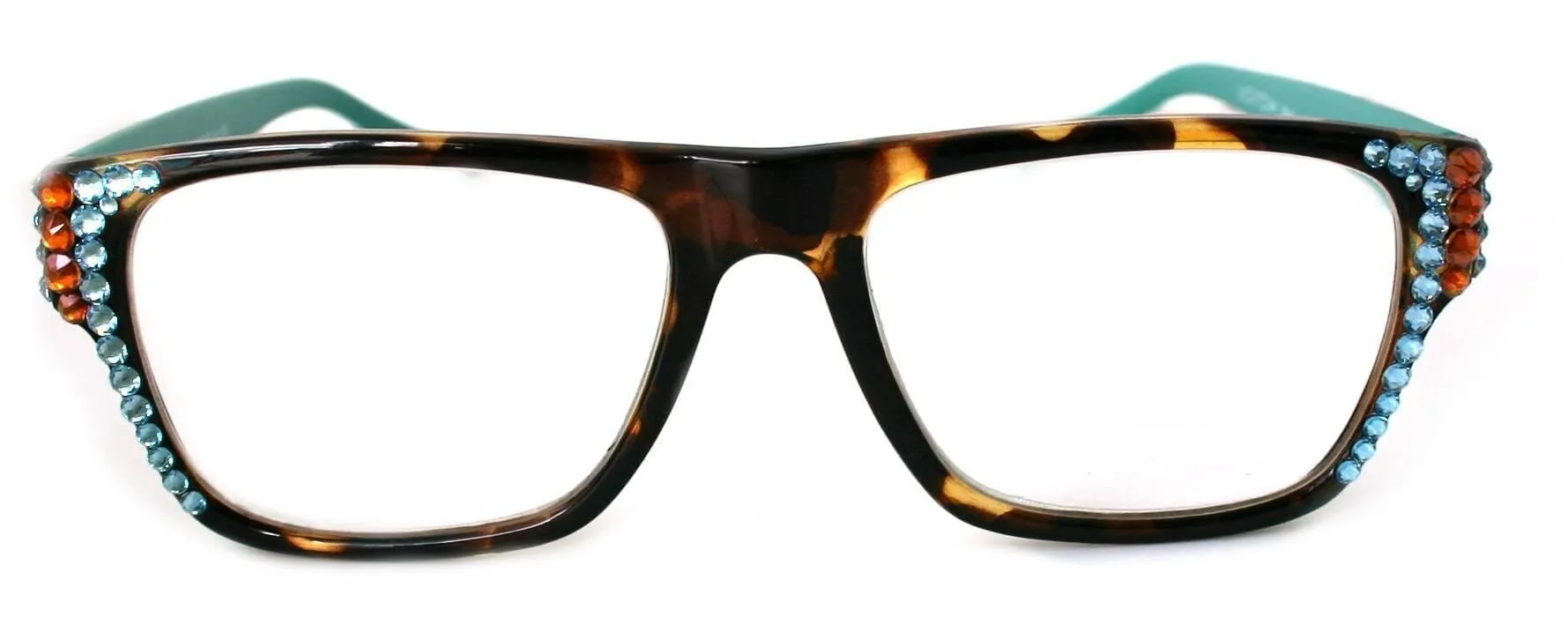 Brooklyn, (Bling) Reading Glasses for Women W (Aquamarine, Cooper) Genuine European Crystals. 1.25.. 3Tortoise Brown Square. NY Fifth Avenue