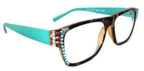 Brooklyn, (Bling) Reading Glasses for Women W (Aquamarine, Cooper) Genuine European Crystals. 1.25.. 3Tortoise Brown Square. NY Fifth Avenue