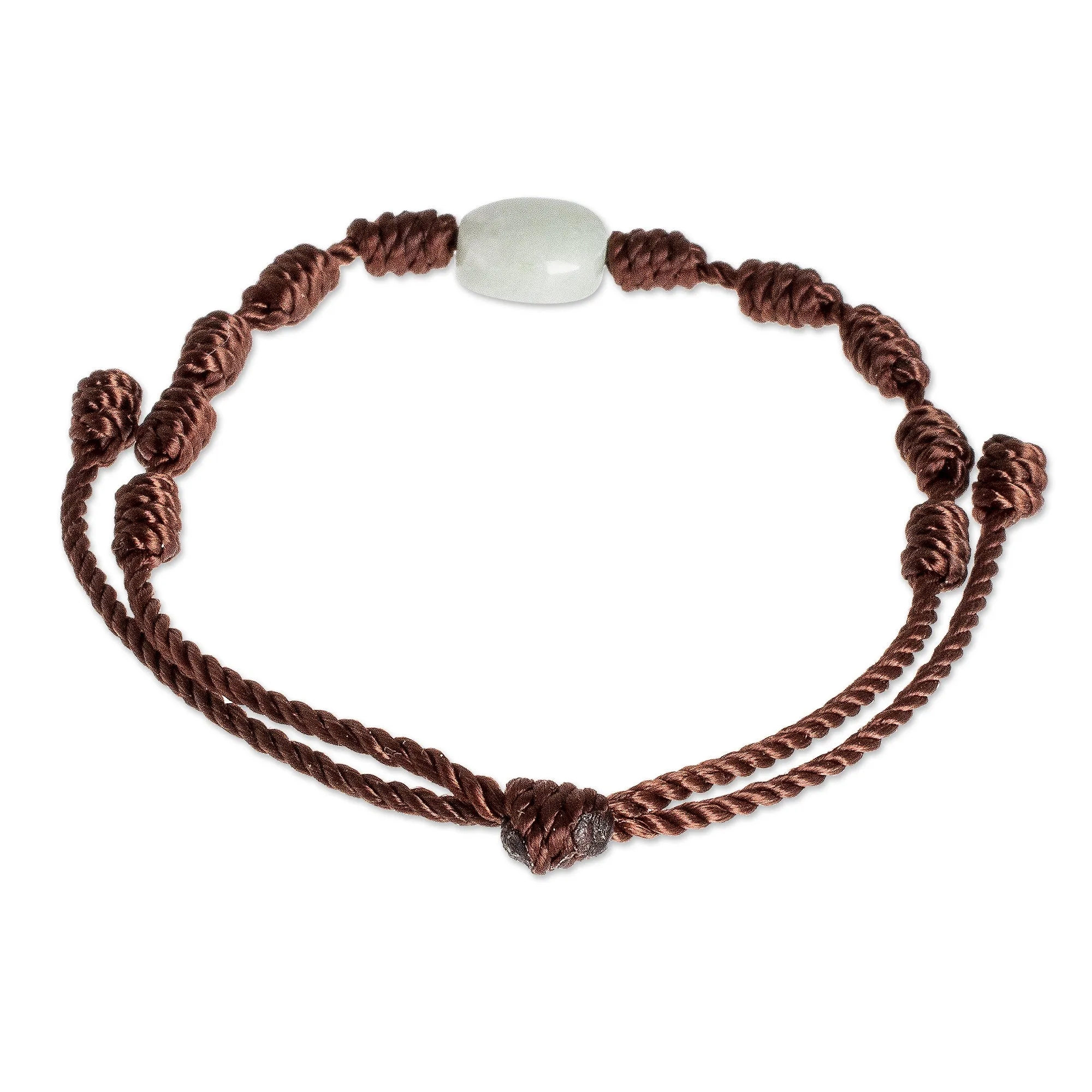 Brown Macrame Bracelet with Light Green Jade Stone - Little Green Apple | NOVICA