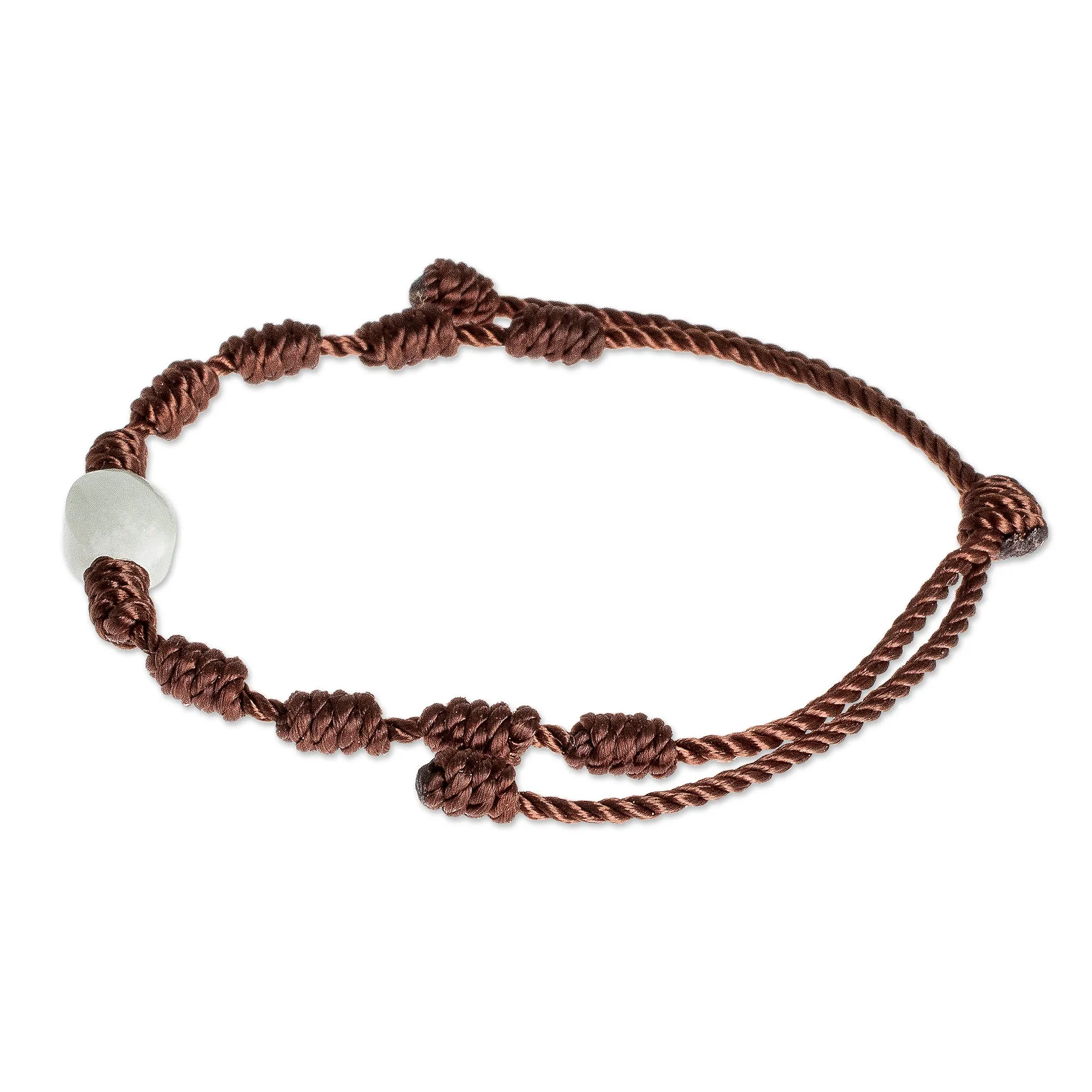 Brown Macrame Bracelet with Light Green Jade Stone - Little Green Apple | NOVICA