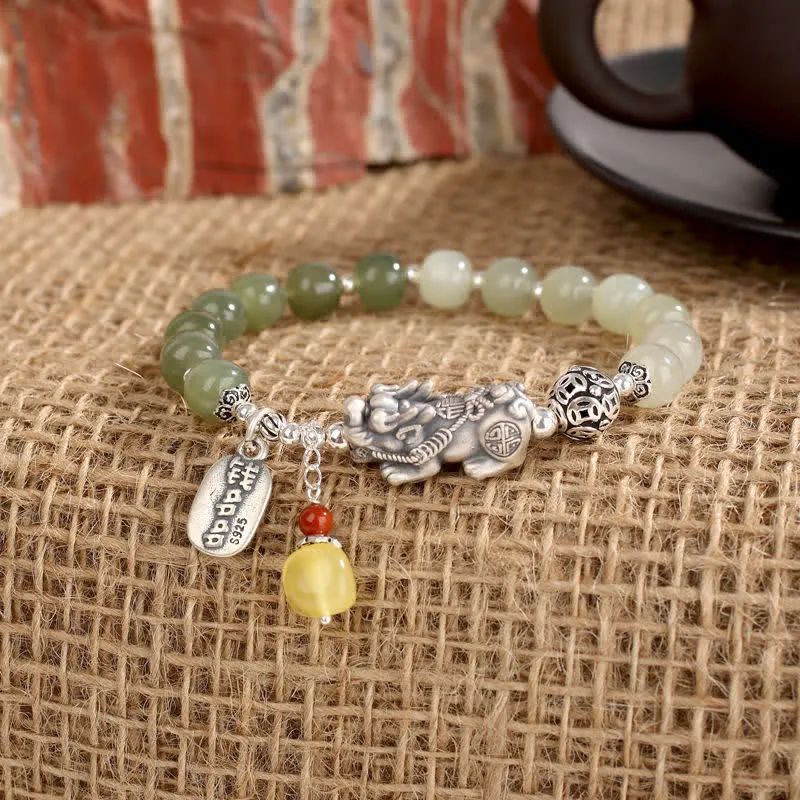Buddha Stones 925 Sterling Silver Natural Hetian Jade Amber PiXiu Luck Bracelet