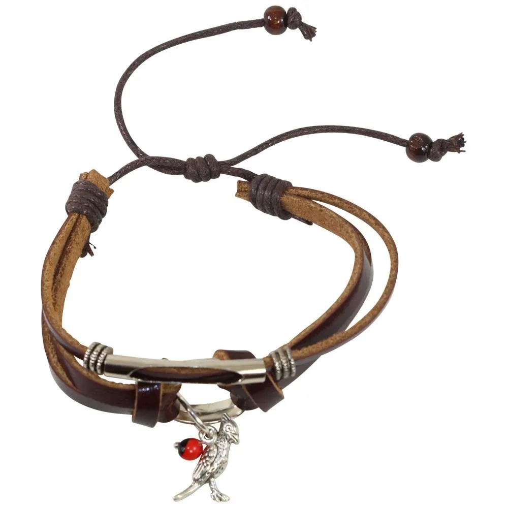 Cardinal Charm Adjustable  Leather Bracelet for Women w/Huayruro Seed