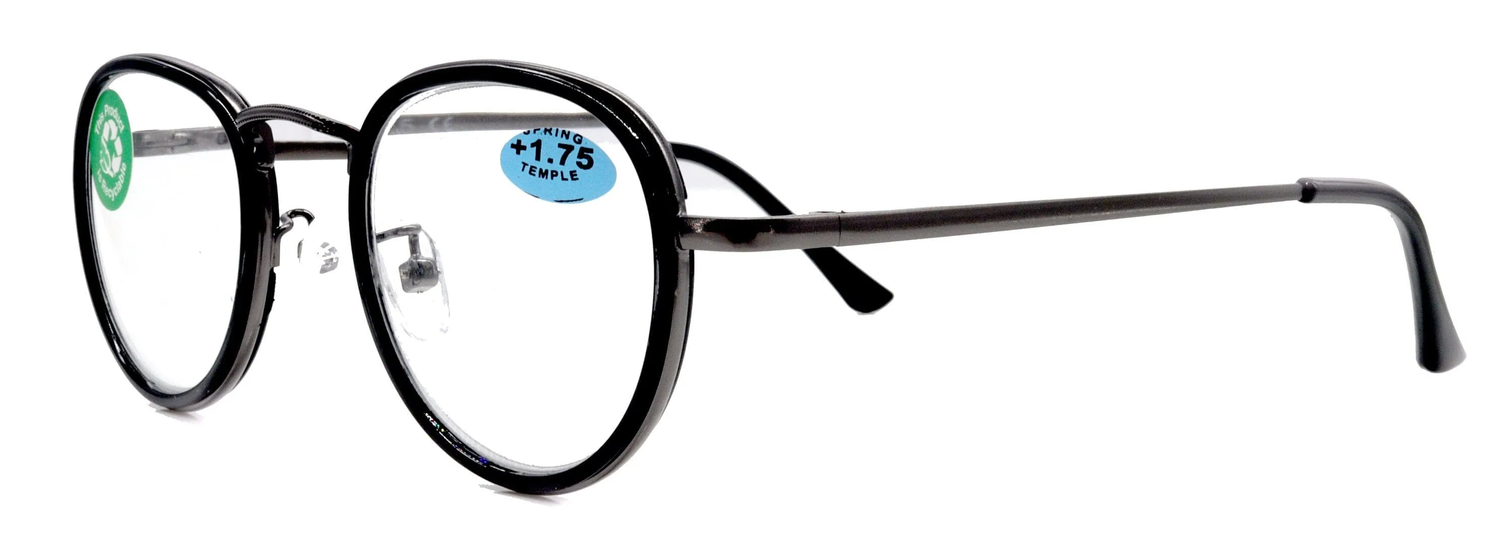 Cassie, (Premium) Reading Glasses Round. High End Reader Modern Circle Style (Black, Silver) Wire Frame  1.25.. 3 Magnifying NY Fifth Avenue
