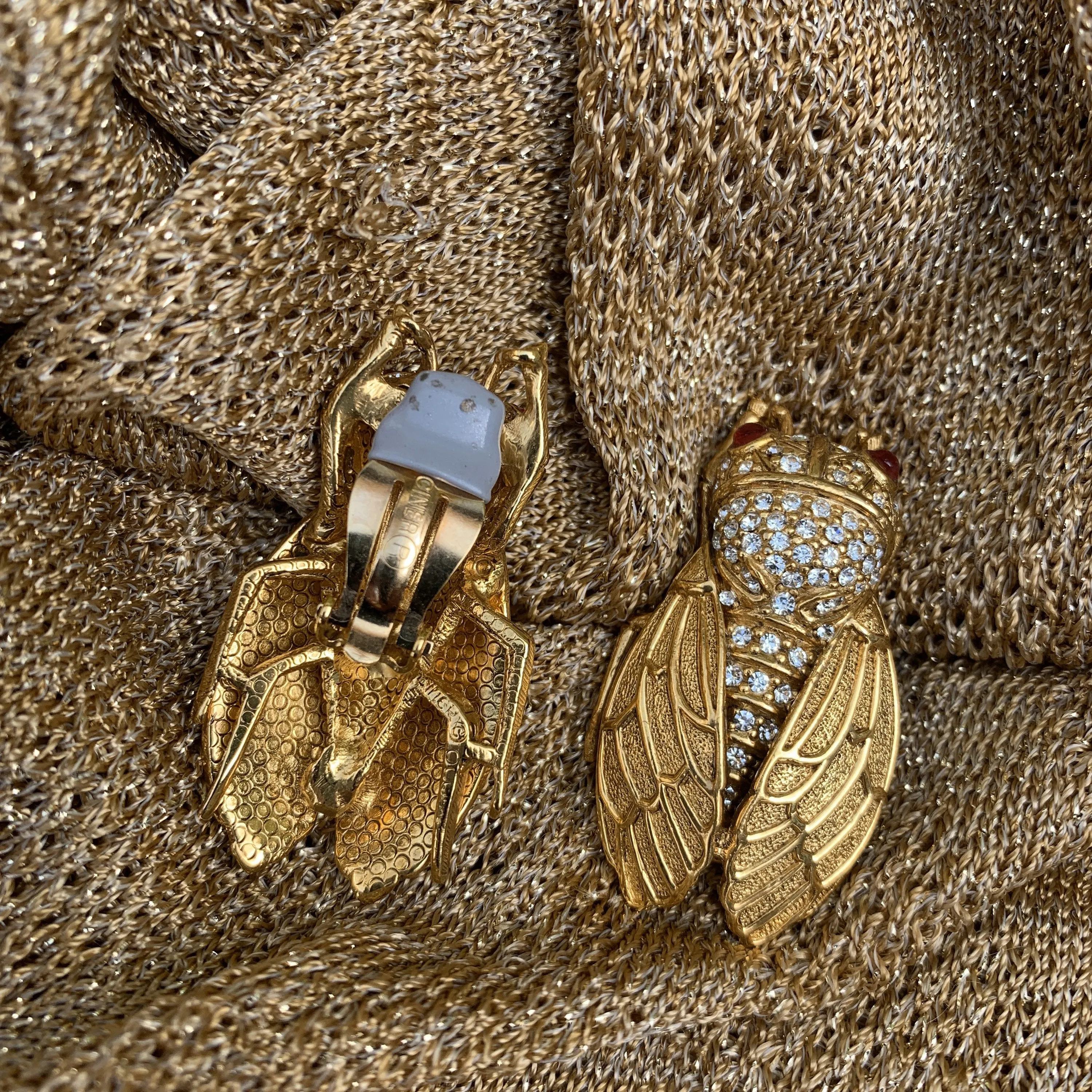Ciner Cicada Gold Clip On Earrings