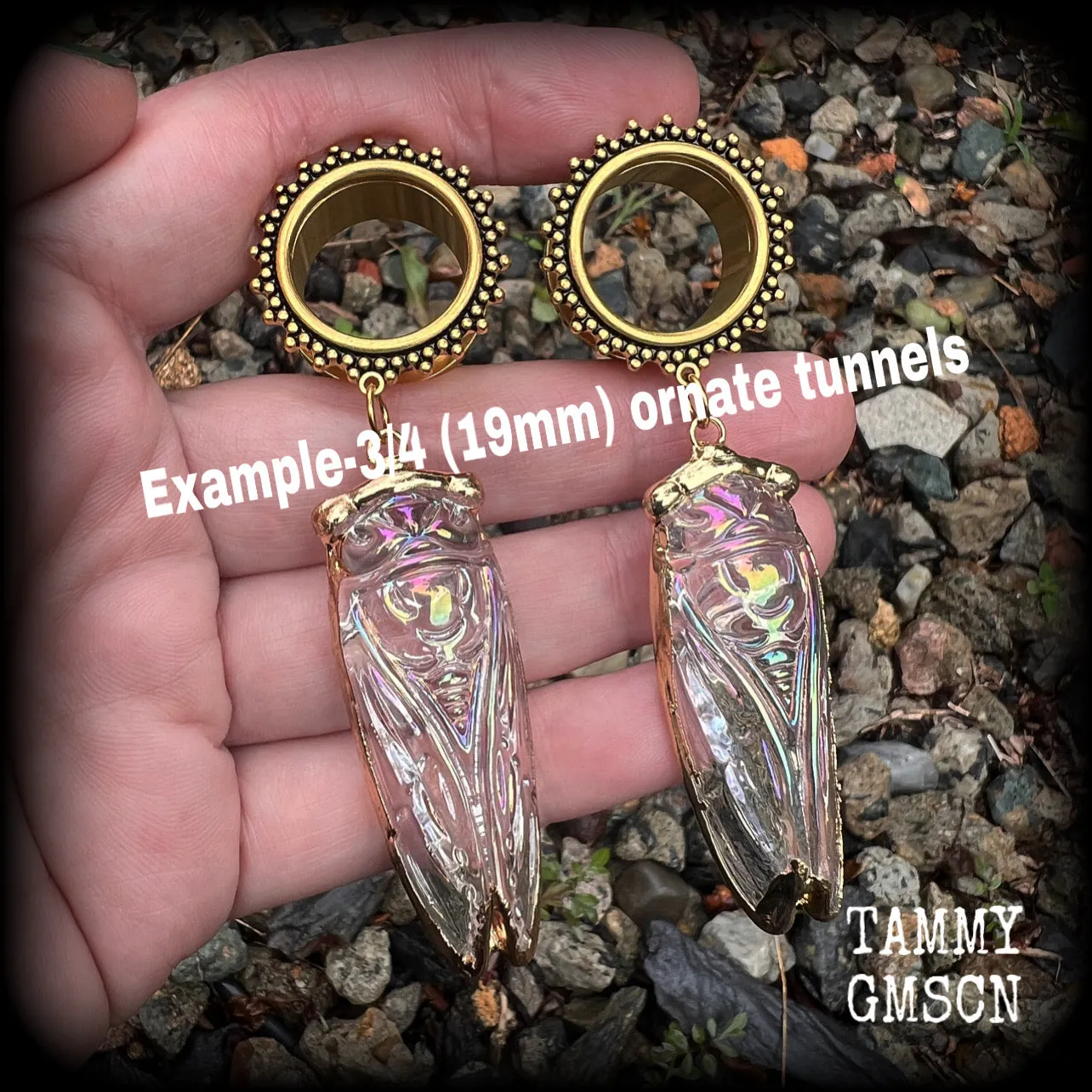 Clear quartz cicada gauged earrings-Gemstone insect ear hangers