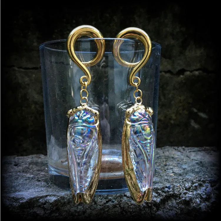 Clear quartz cicada gauged earrings-Gemstone insect ear hangers