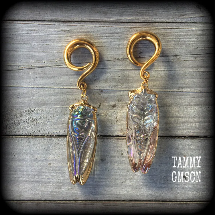 Clear quartz cicada gauged earrings-Gemstone insect ear hangers