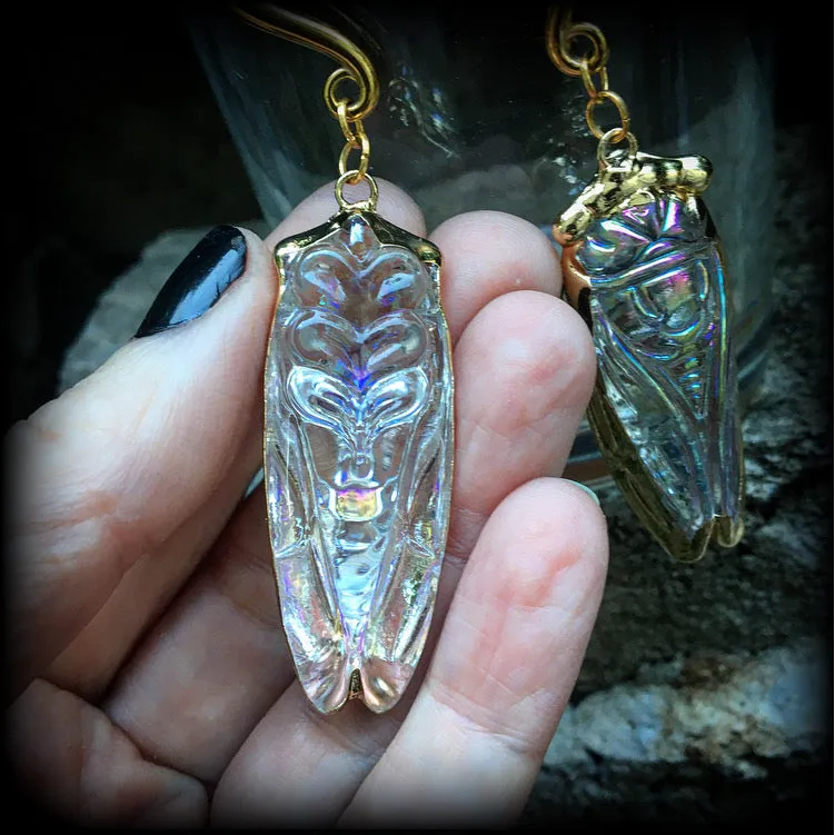 Clear quartz cicada gauged earrings-Gemstone insect ear hangers