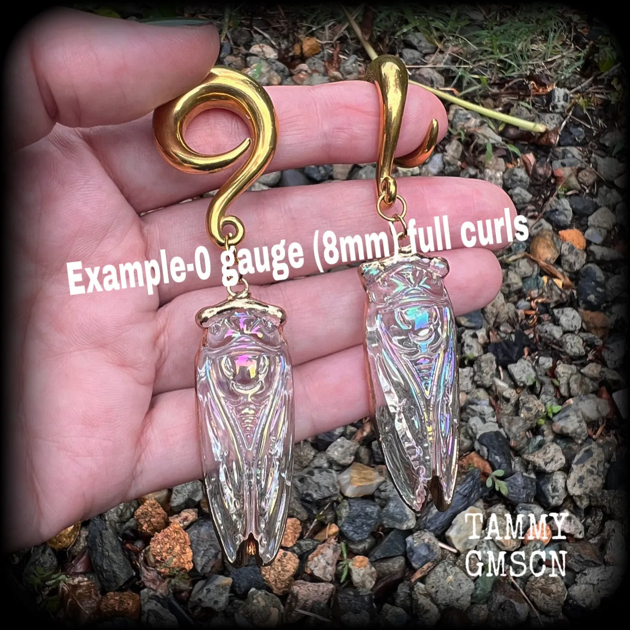 Clear quartz cicada gauged earrings-Gemstone insect ear hangers