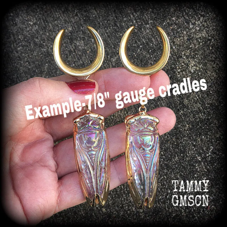 Clear quartz cicada gauged earrings-Gemstone insect ear hangers