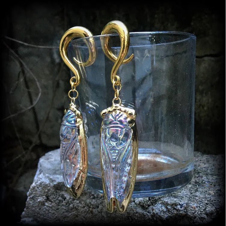 Clear quartz cicada gauged earrings-Gemstone insect ear hangers