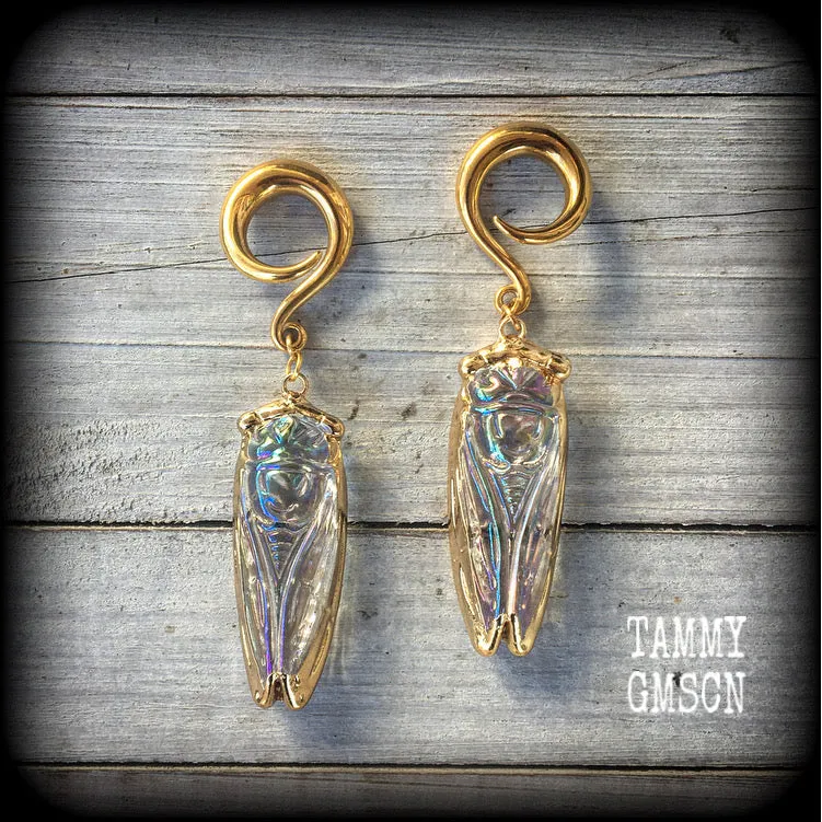 Clear quartz cicada gauged earrings-Gemstone insect ear hangers