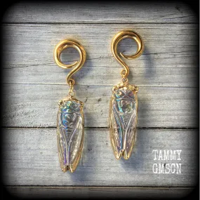 Clear quartz cicada gauged earrings-Gemstone insect ear hangers