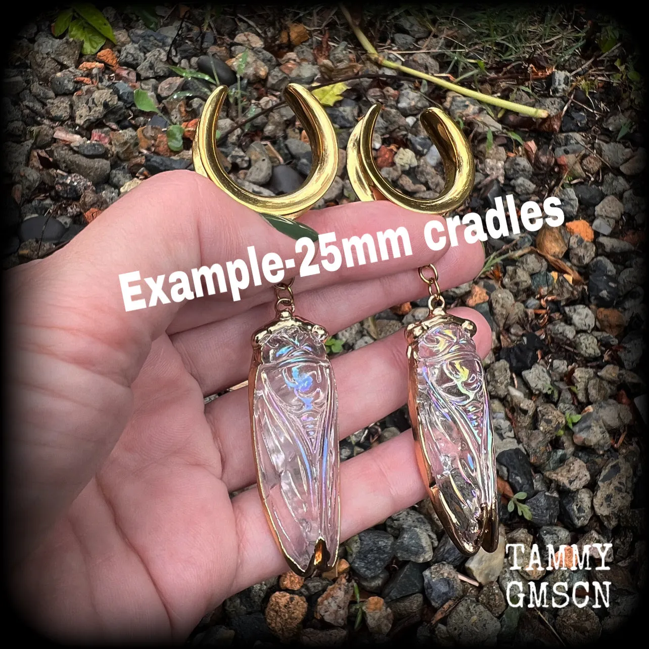 Clear quartz cicada gauged earrings-Gemstone insect ear hangers