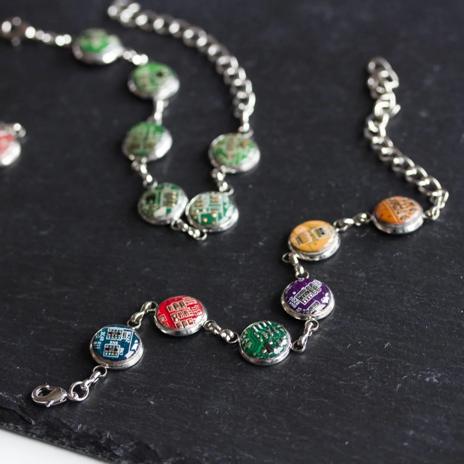 Colorful bracelet made with recycled circuit board, rainbow bracelet, unique jewelry