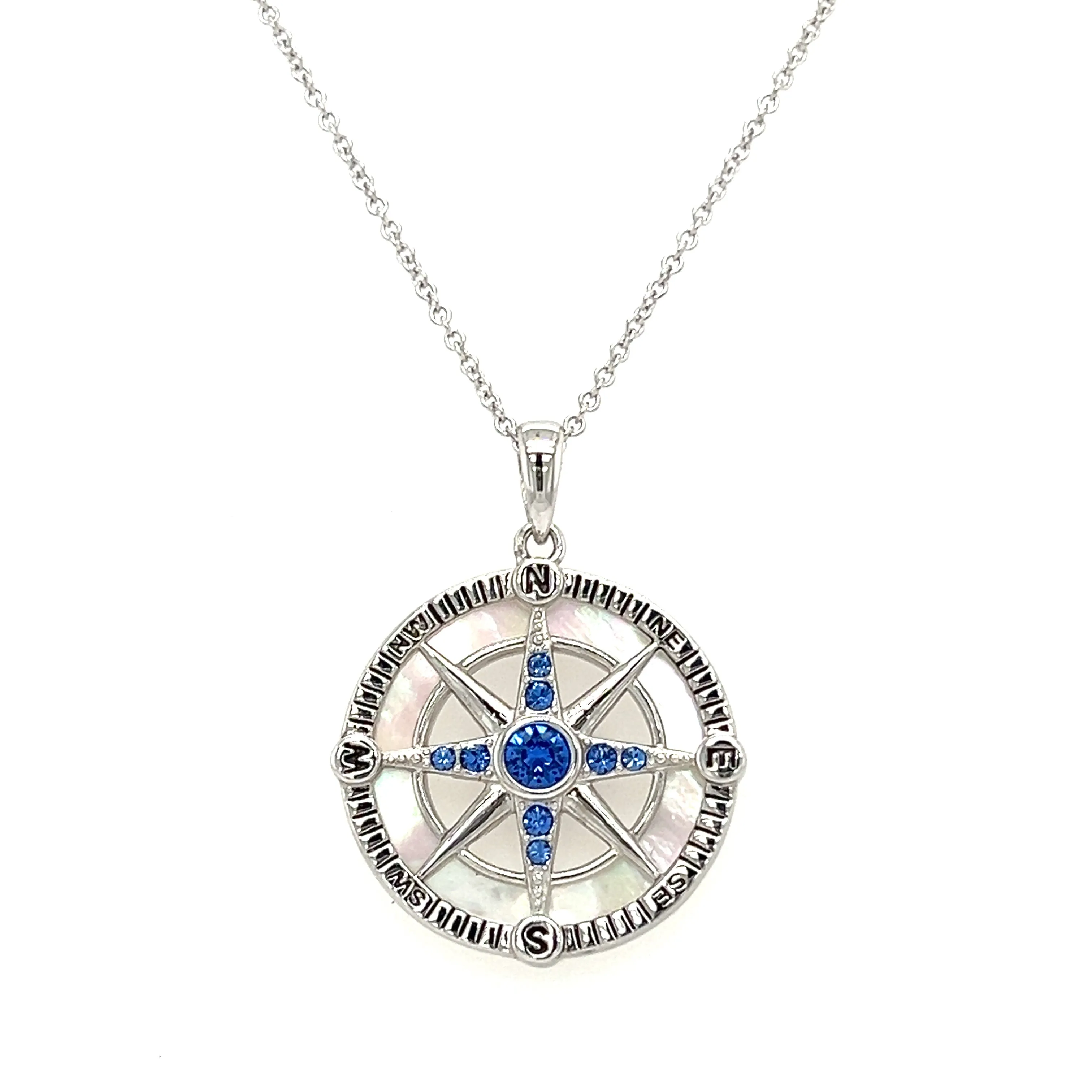 Compass Necklace with Mother of Pearl and Blue Crystals in Sterling Silver