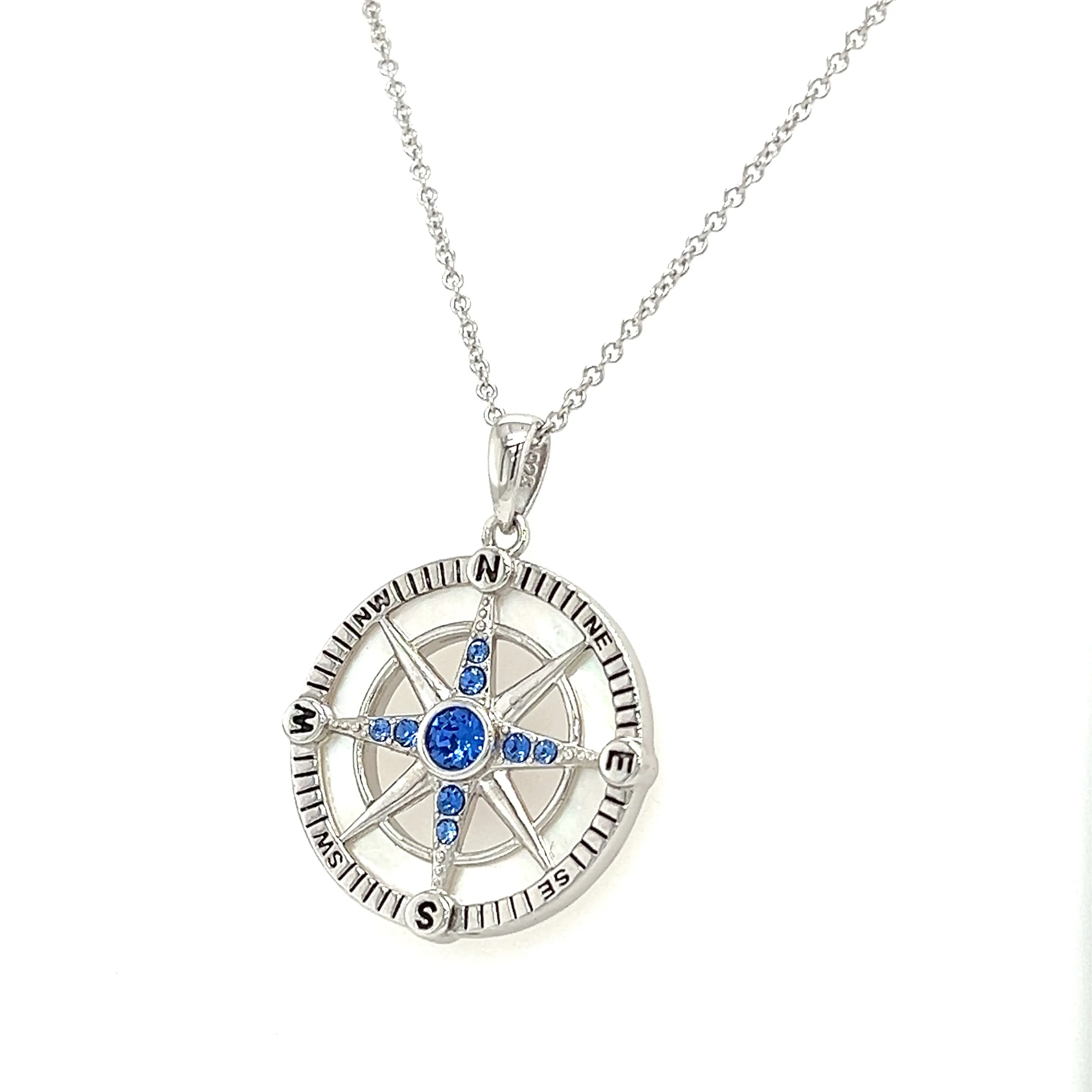 Compass Necklace with Mother of Pearl and Blue Crystals in Sterling Silver