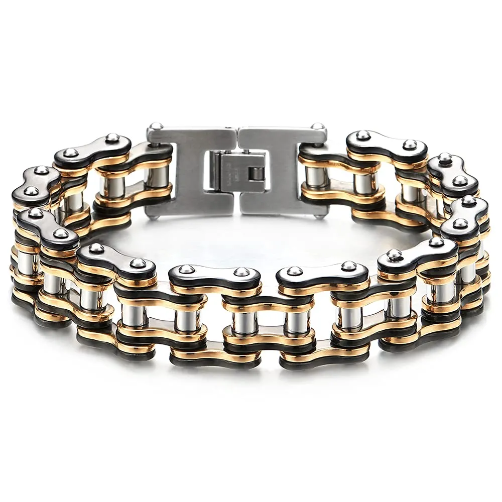 COOLSTEELANDBEYOND Masculine Mens Bike Chain Bracelet of Stainless Steel Two-Tone Polished